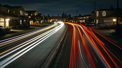 The constantly moving light trails of cars reflect the endless cycle of movement in a sprawling suburban community.