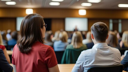 Woman conference or speaker sharing information at a business seminar for information and coaching. Confident, female or back view of coach speaking to audience at a convention or corporate event.