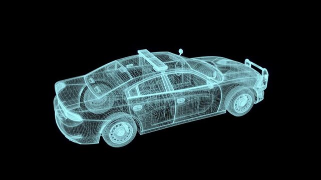 3d rendering illustration police car blueprint glowing neon hologram futuristic show technology security danger emergency for premium product business finance