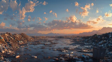 Naklejka premium Landfill landscape with plastic waste mountain, environmental pollution, dramatic sunset sky, scattered debris, urban crisis scene, photojournalistic style.