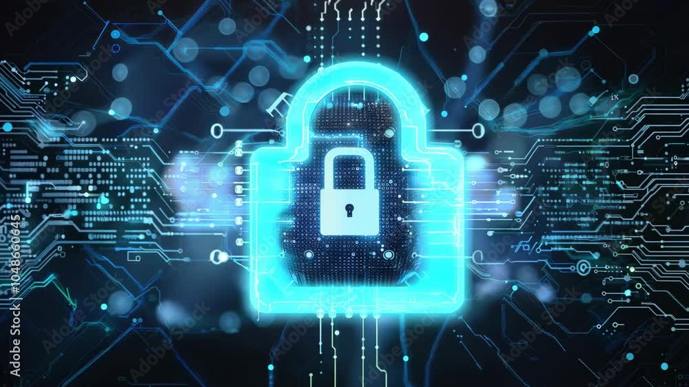 Poster a computer chip with a blue lock on it. the lock is surrounded by a blue background. concept of secu