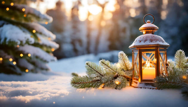 Fir branches adorn Christmas lanterns on snow with sunlight illuminating a peaceful winter _1(207)