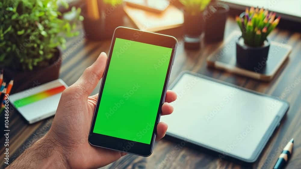 Poster close-up of a designer hand holding a smartphone with a green screen mockup display, creative worksp