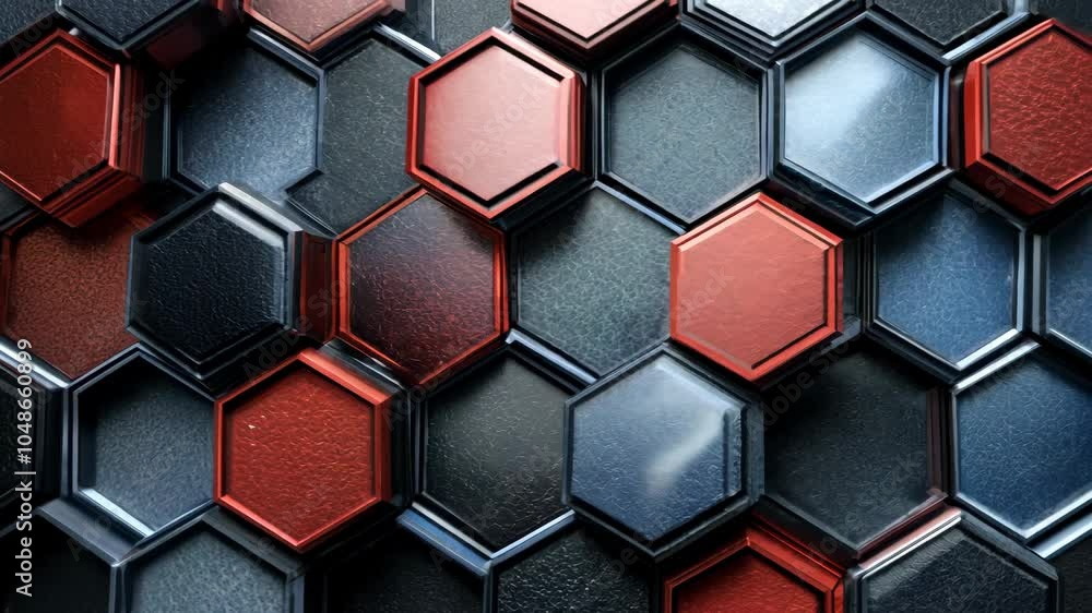Poster a colorful pattern of hexagons and squares. the colors are red, blue, and black. the pattern is abst