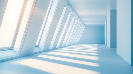 Obraz premium Modern architectural corridor with triangular geometry, soft blue tones, natural light streams, minimalist design, symmetrical perspective, infinite view.