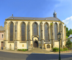 Krupka, Gothic Church of the Assumption of the Virgin Mary of the town in the valley of the Ore Mountains/Erzgebirge, Bohemia. Region in Germany (Saxony) and Czechia is UNESCO World Heritage