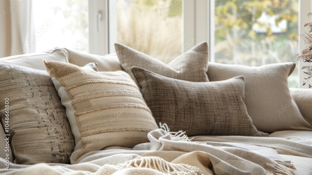 Poster comfortable sofa is adorned with a variety of pillows and blankets, creating a warm and inviting atm