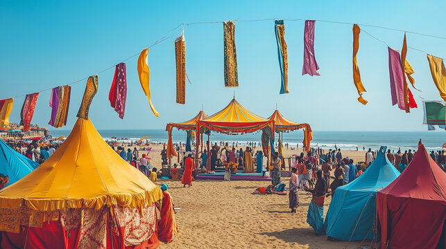 Puri Beach Festival, beach view with colorful tents, traditional Indian dances taking place on an open stage with blue sea and clear sky as the backdrop, Ai generated images