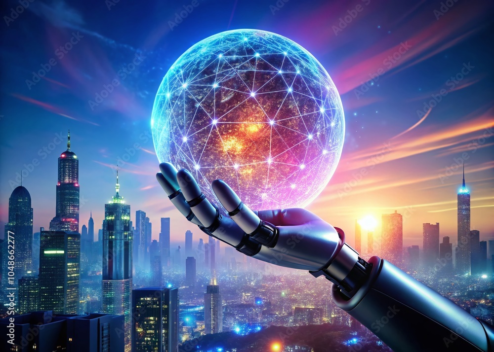 Poster robot hand holding glowing sphere of digital data symbolizing future technology and ai innovations