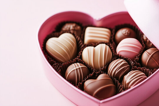 Open heart shaped candy box full of delicious sweet chocolate candies bonbons inside, pastel pink color blank empty copy space background. Saint Valentine's Day concept banner greeting card.