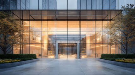 Obraz premium Glass building entrance with transparent facade, contemporary architecture, reflective windows, urban tree reflections, polished floors, minimalist design.