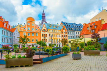 Naklejka premium Old street in old Riga. The city is capital of Latvia that is well known to be a very popular tourism destination in the Baltic region