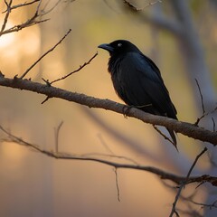 A black bird sitting on top of a tree branch