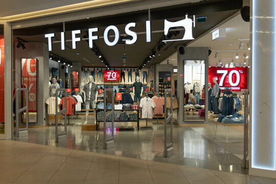 Tiffosi logo sign store at shopping center. Tiffosi is a clothing brand that is part of the VNC Group, based in Portugal. It specializes in jeans. Torres Novas, Portugal 24 July 2024. 