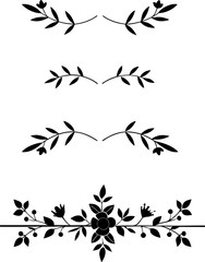 Black vector floral elements, rose, lotus, lily flower borders