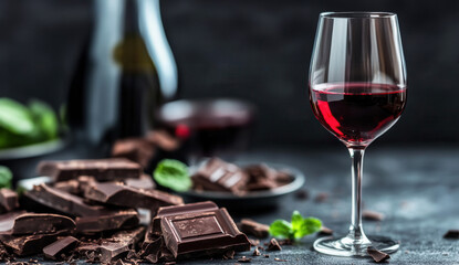 A close up of a glass of red wine and dark chocolate pieces