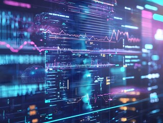 Obraz premium Futuristic Bioinformatics Platform Analyzing Genetic Datasets with Sleek Colorful Data Visualization Interface