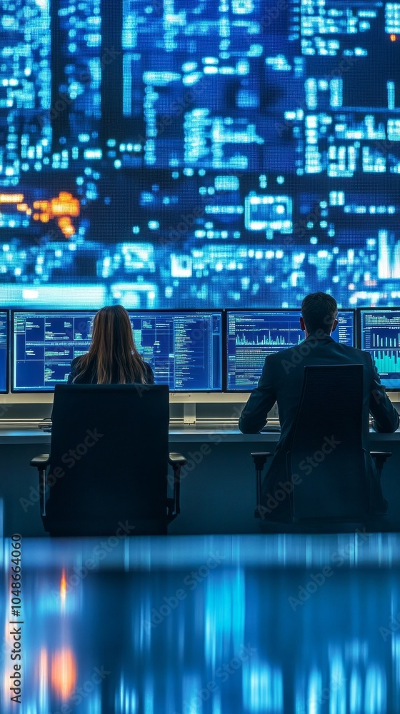 Poster two people are sitting at a computer desk with a large monitor in front of them
