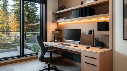 Modern Home Office Desk with Window View and Built in Shelving