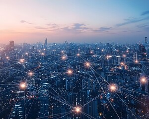 Futuristic Aerial View of Interconnected Smart City Skyline at Dusk