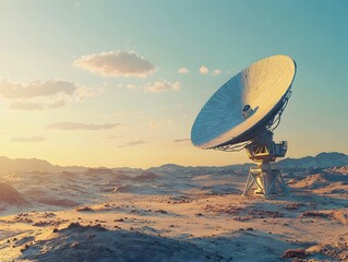 Satellite communication hub in a remote desert landscape enabling global connectivity through cutting edge technology