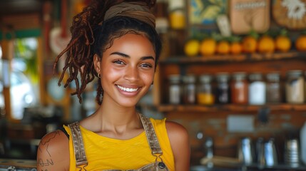 Fototapeta premium Smiling Woman with Dreadlocks in a Cafe