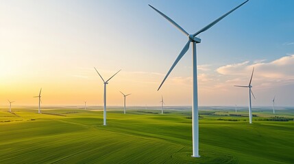 A serene landscape featuring spinning wind turbines on green hills under a bright sky, symbolizing renewable energy and sustainability.