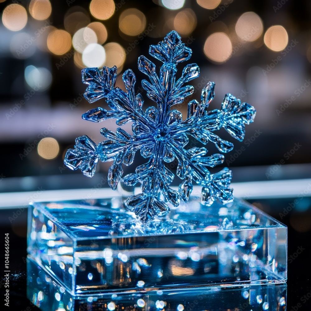 Poster a sparkling blue snowflake decoration resting on a crystal-clear platform, reflecting light and addi