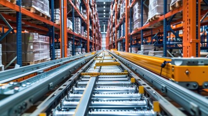 Obraz premium Conveyor Belt System in a Warehouse with Orange Shelving