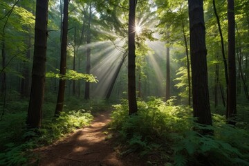 Obraz premium just rays of the sun, making their way from above through the foliage of trees in the forest