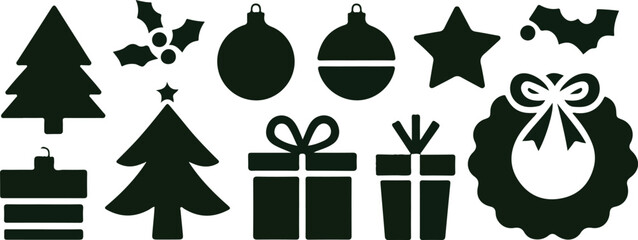 Set of minimalistic Christmas elements black ,silhouette