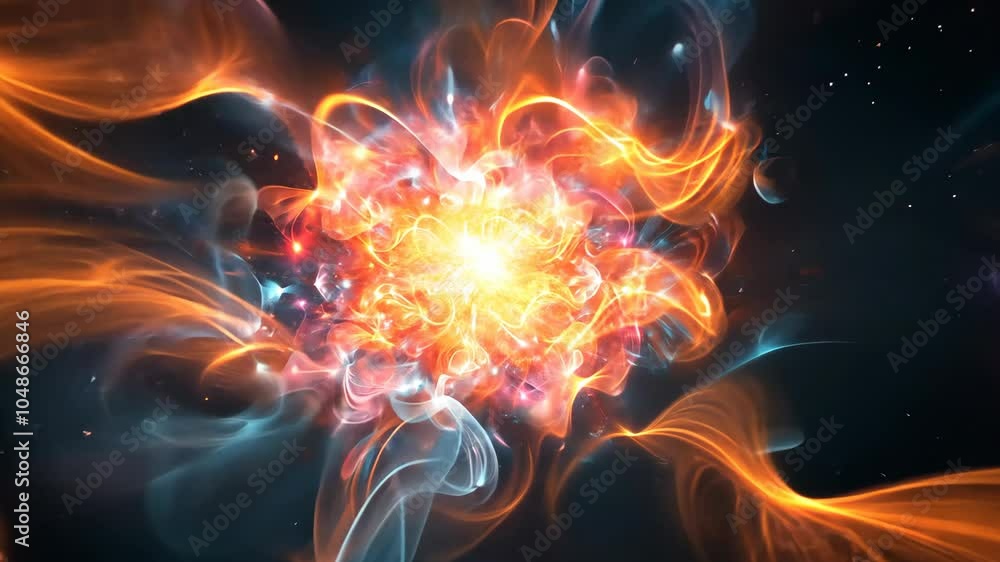 Poster an abstract image of a fiery explosion set against a dark, starry background