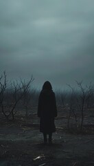 A solitary figure in a long coat stands quietly in a desolate, foggy landscape