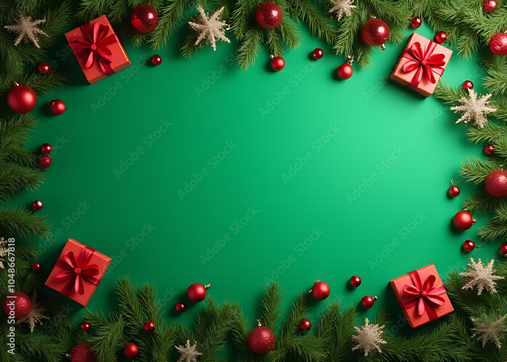 Poster decorated christmas banner has green background with gift boxes ornaments and branches underneath em