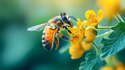 Naklejka premium Yellow cherry tomatoes on vine with honey bee pollinating flower, organic garden macro, green leaves, fresh produce, botanical detail, summer harvest.