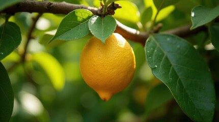 A close-up photograph captures a single ripe lemon hanging from a branch, surrounded by lush green leaves.