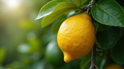 A close-up photograph captures a single ripe lemon hanging from a branch, surrounded by lush green leaves.