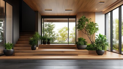 Fototapeta premium Modern Home Interior with Wooden Staircase and Green Plants