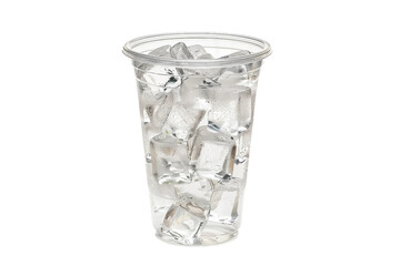 Simple transparent plastic cup with crystal-clear ice cubes isolated on transparent background