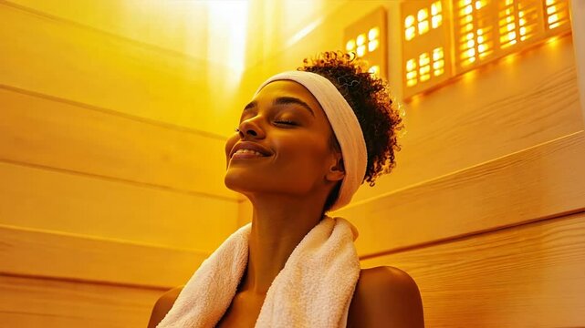 Woman in modern infrared sauna Infrared saunas are a newer wellness trend with unique health benefits, 