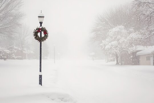 Snowy street scene with festive wreath on lamppost