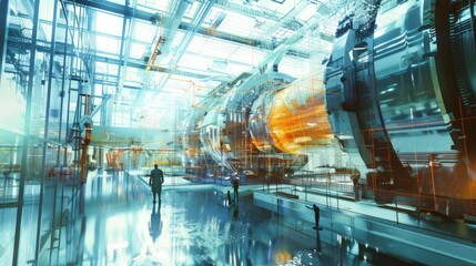 Fototapeta premium A lone figure stands in a futuristic, glass-enclosed factory.