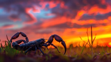 Fototapeta premium A Close-Up of a Black Scorpion Against a Dramatic Sunset