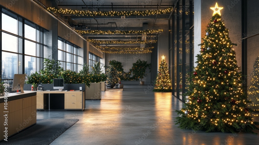 Poster a large office space with a christmas tree in the middle