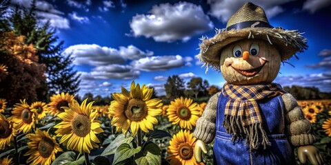 Fototapeta premium Smiling Scarecrow in Sunflower and Pumpkin Patch - Charming Fall Landscape Photography