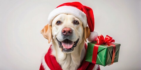Smiling Labrador Retriever in Santa Suit Holding Gift Box on White Background