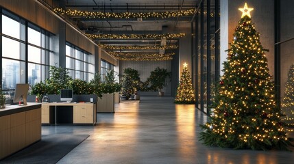 A large office space with a Christmas tree in the middle