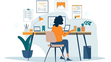 Person in a virtual meeting at home, showing organized desk and work materials