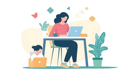 Fototapeta premium Remote worker balancing laptop and family responsibilities, with a child nearby