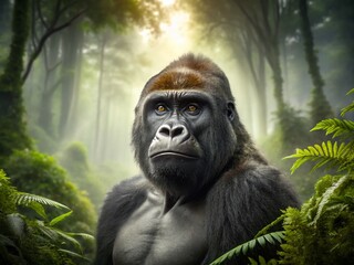 Fototapeta premium Solitary Gorilla in Misty Forest - Majestic Wildlife Portrait Photography